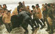 Michael Ancher fiskere ifard med at satte en rorsbad i vandet oil on canvas